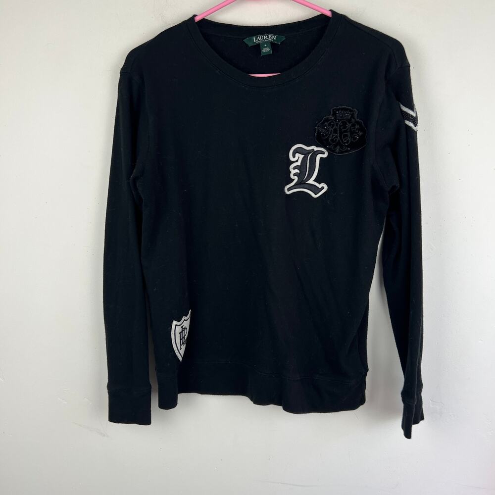 Lauren Ralph Lauren Varsity Embellished Logo Black Pullover Crewneck Sweater